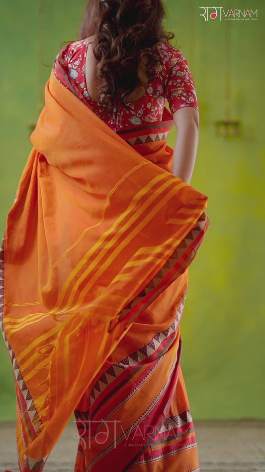 Narayanpet Orange Cotton Saree by Raag Varnam | Mercerized Finish With 2 Blouses Included