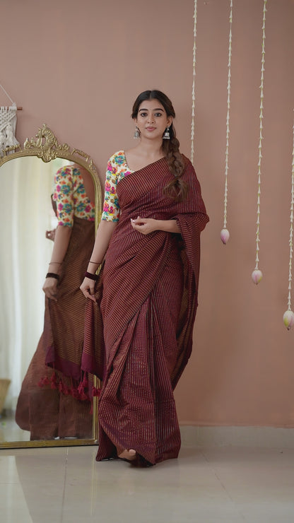 Raag Varnam Wine Stripes Cotton Saree with Elegant Designer Print Blouse