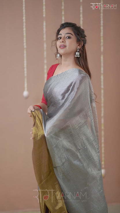 Raag Varnam Gold & Silver Handloom Tissue Saree With Designer Blouse