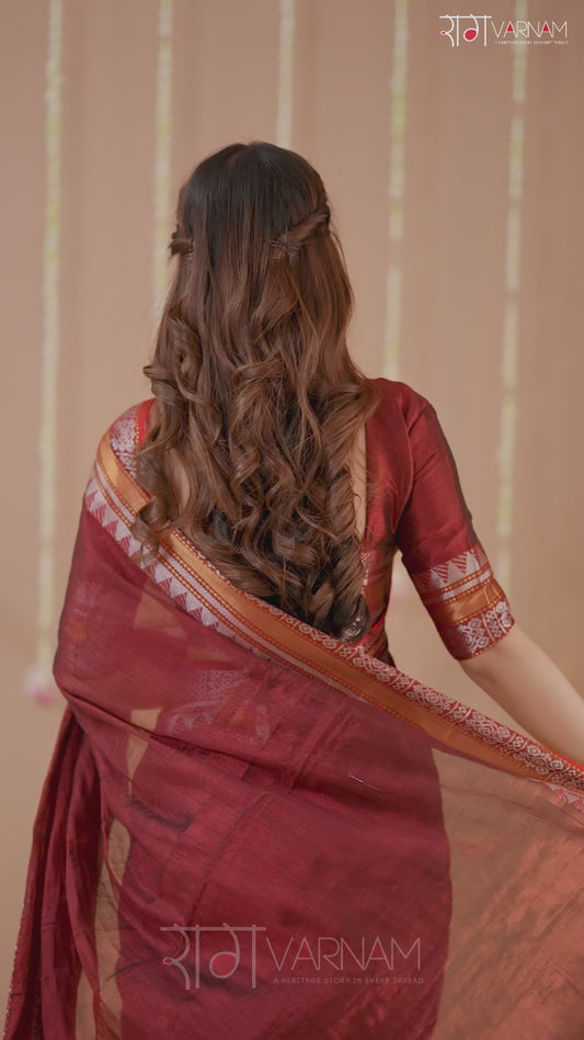 Raag Varnam Maroon Handloom Tissue Saree With Designer Blouse