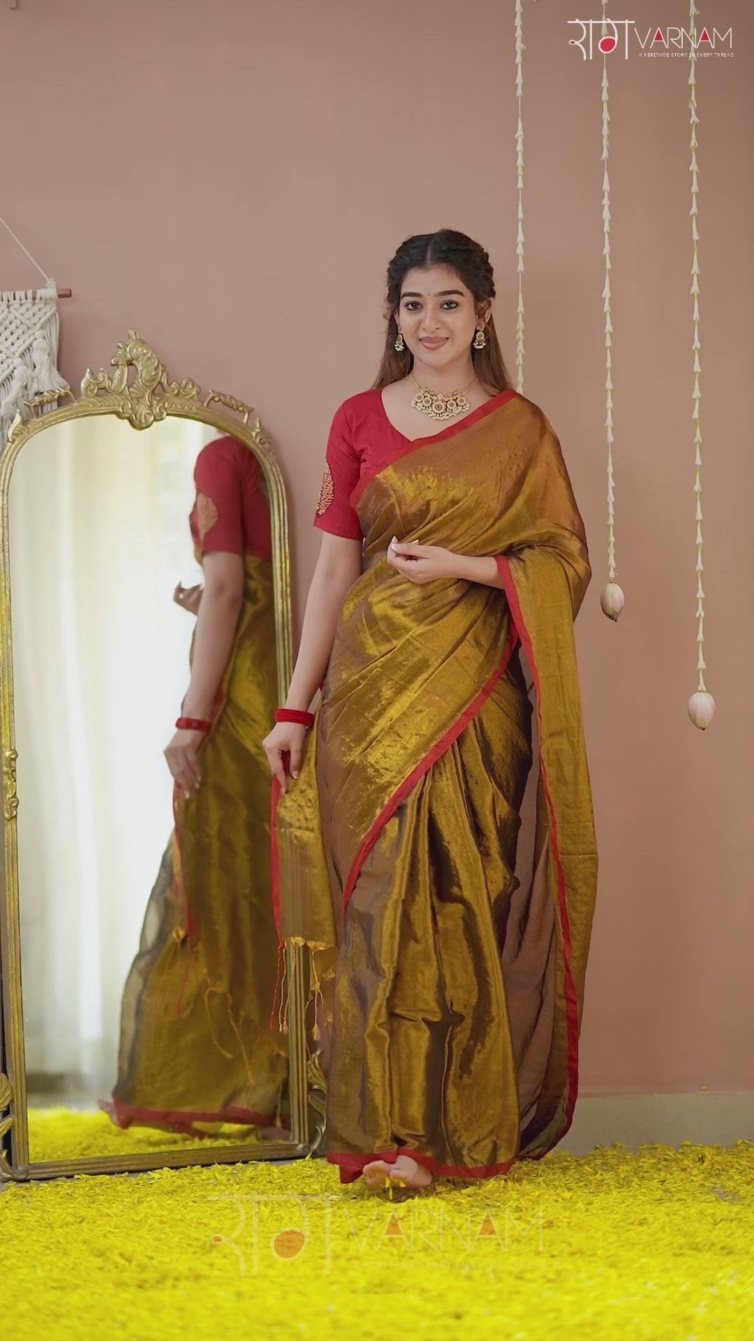 Raag Varnam Gold Handloom Tissue Saree With Designer Blouse