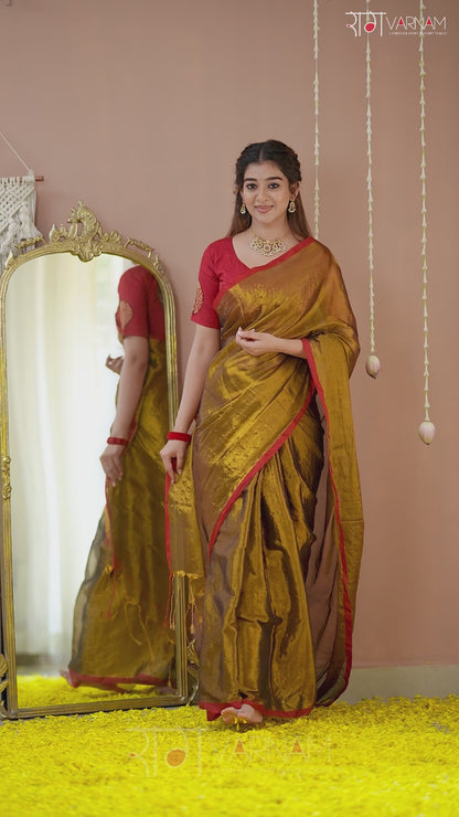 Raag Varnam Gold Handloom Tissue Saree With Designer Blouse