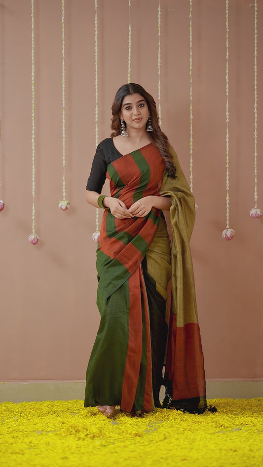 Raag Varnam Green Khadi Handloom Saree with Multicolour Border & Designer Blouse